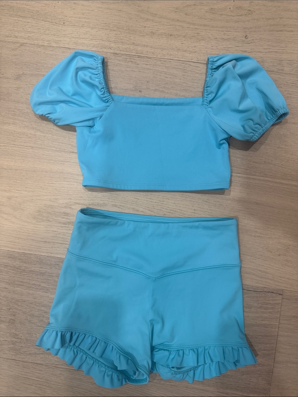 Girls Aqua Puff-Sleeve Bike Shorts Matching Set - Cute Two-Piece